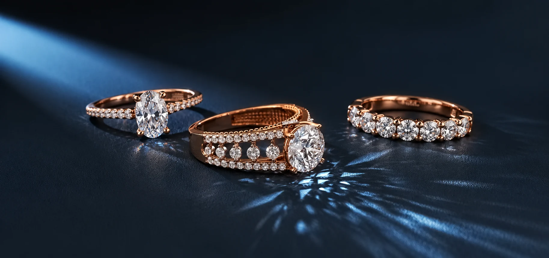 Three stone-set rings in warm-toned metal arranged on a deep blue surface