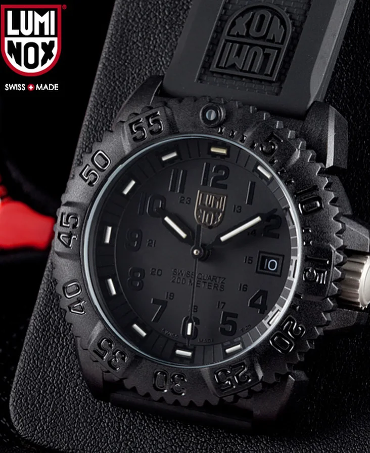 Close-up of a black Luminox watch shared by Mitchell Jewelers