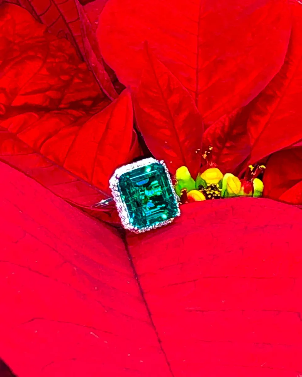 Emerald ring photographed on red poinsettia leaves